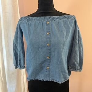 Blue Rain Light Blue Off-Shoulder Button-Front Denim Top